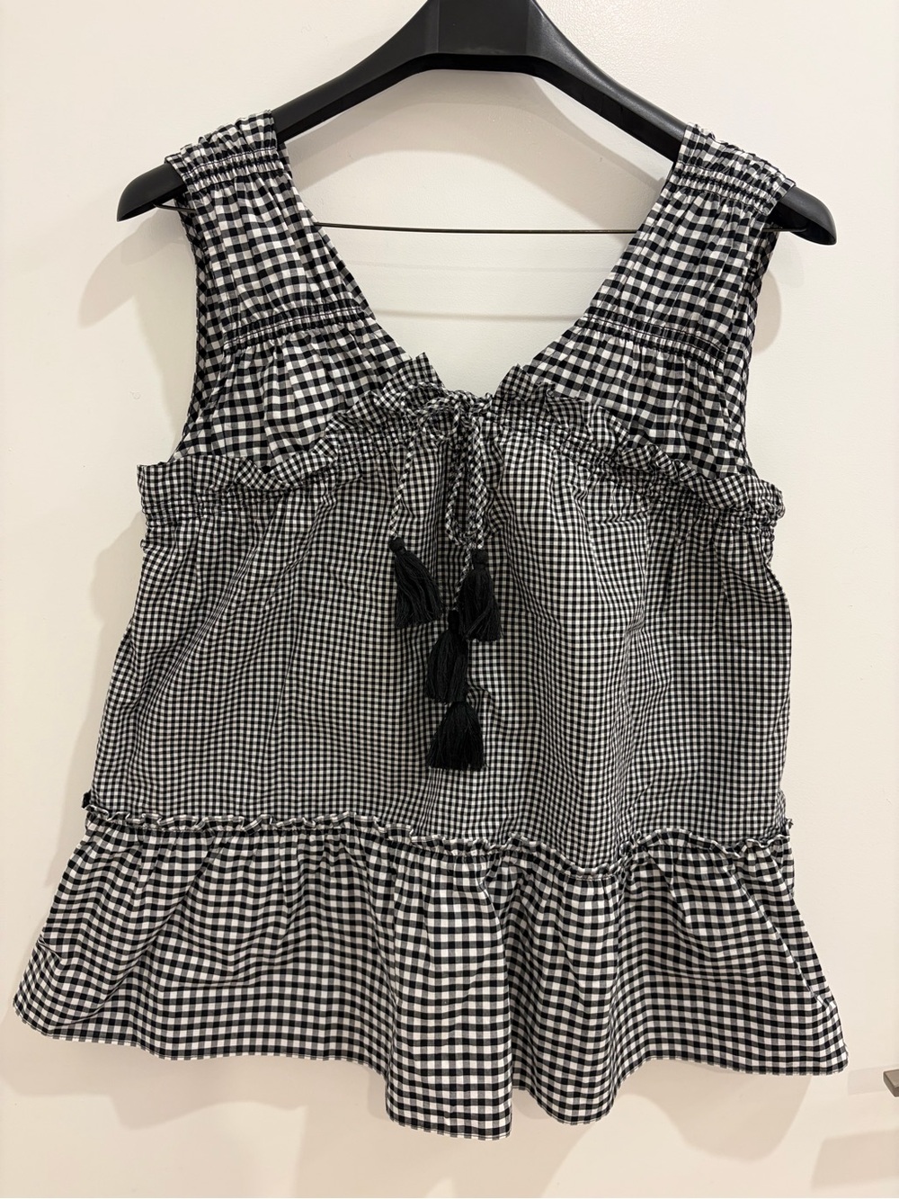 Derek Lam Black & White Gingham Tassel Ruffle Tank